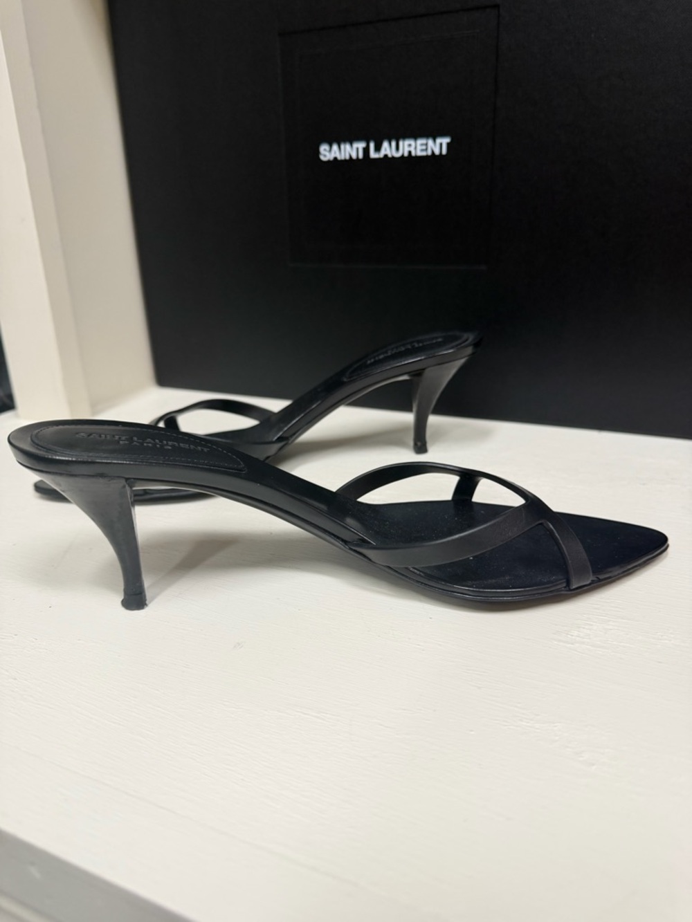 Saint Laurent Black Pointed Slide Heels with Double Strap - Picture 6 of 9